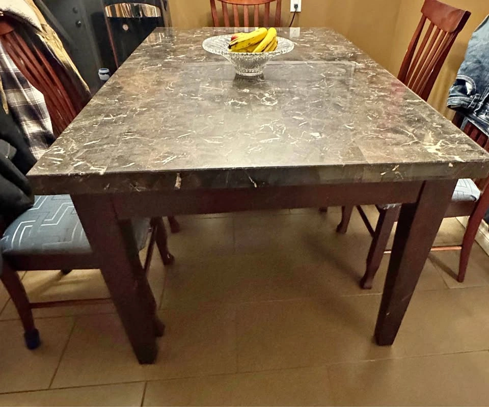 Dark Wood Dining Table with Marble Top - Corner Chip