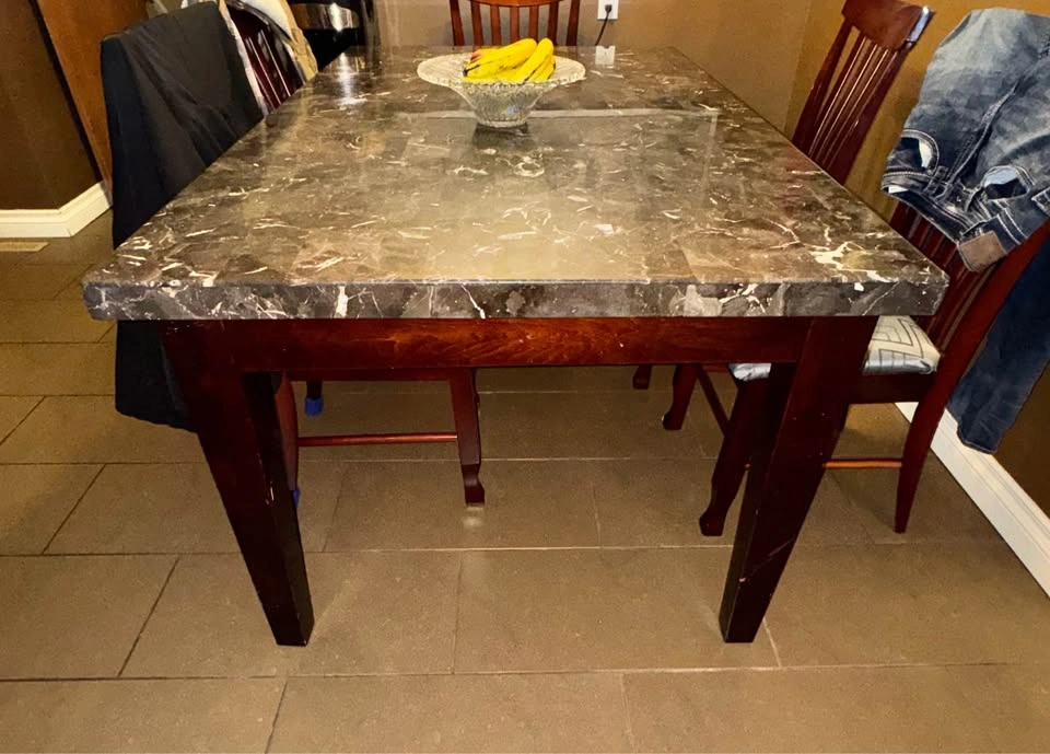 Dark Wood Dining Table with Marble Top - Corner Chip - photo 2