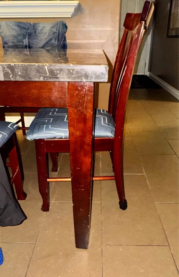 Dark Wood Dining Table with Marble Top - Corner Chip - photo 4