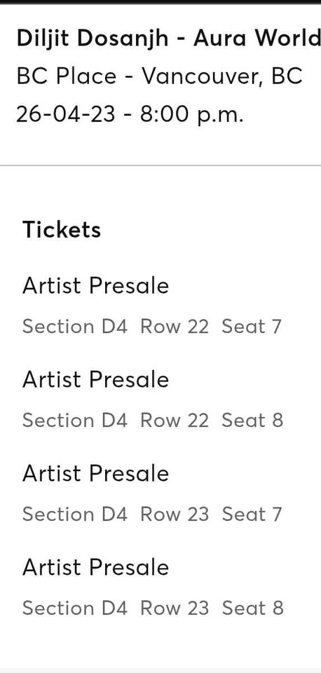 Diljit Dosanjh Vancouver Aura Tour 2026 FLOOR Seats - photo 2