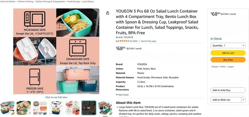 (3 Pcs) Salad Lunch Container with 4 Compartment Tray (68oz) - photo 2