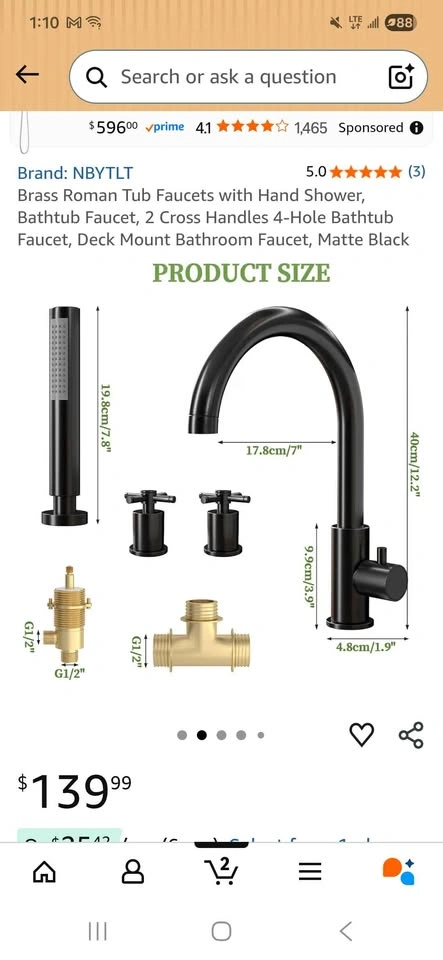 Matte Black Roman Bathtub Faucet Set with Hand Shower - photo 2