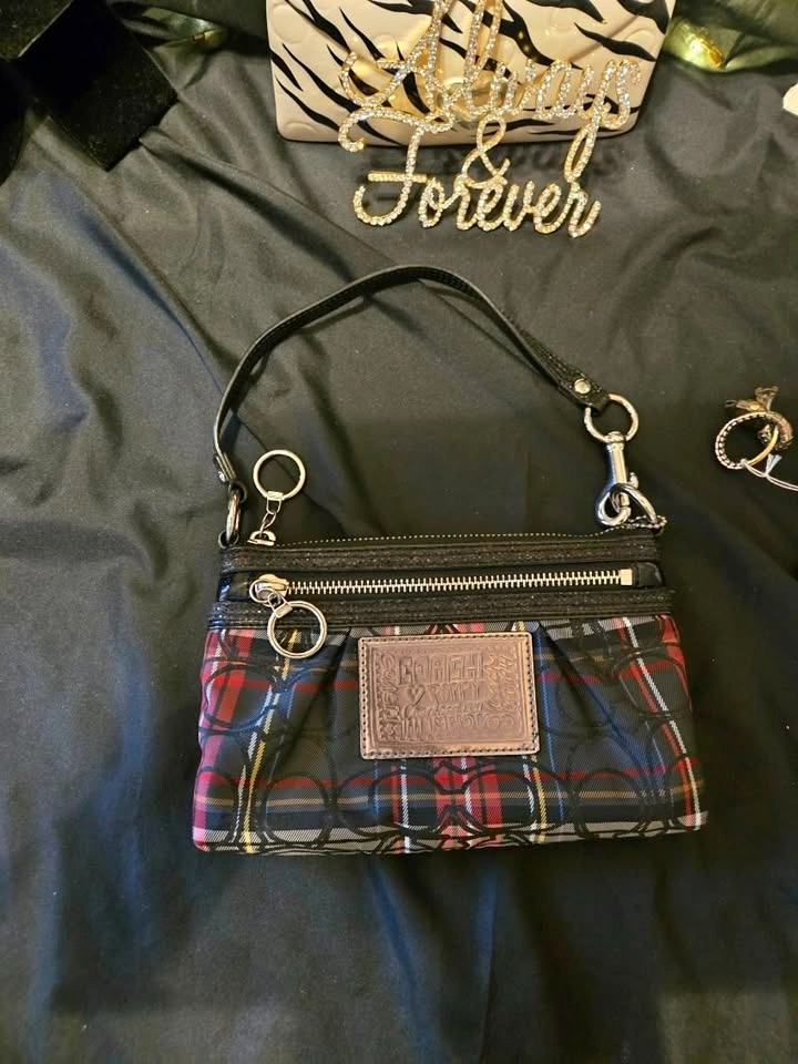 Coach Poppy Tartan Sparkle Wristlet Wallet Clutch