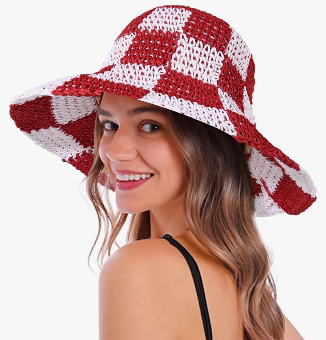 Adjustable Summer Floppy Checkerboard Red And White Hat - photo 2