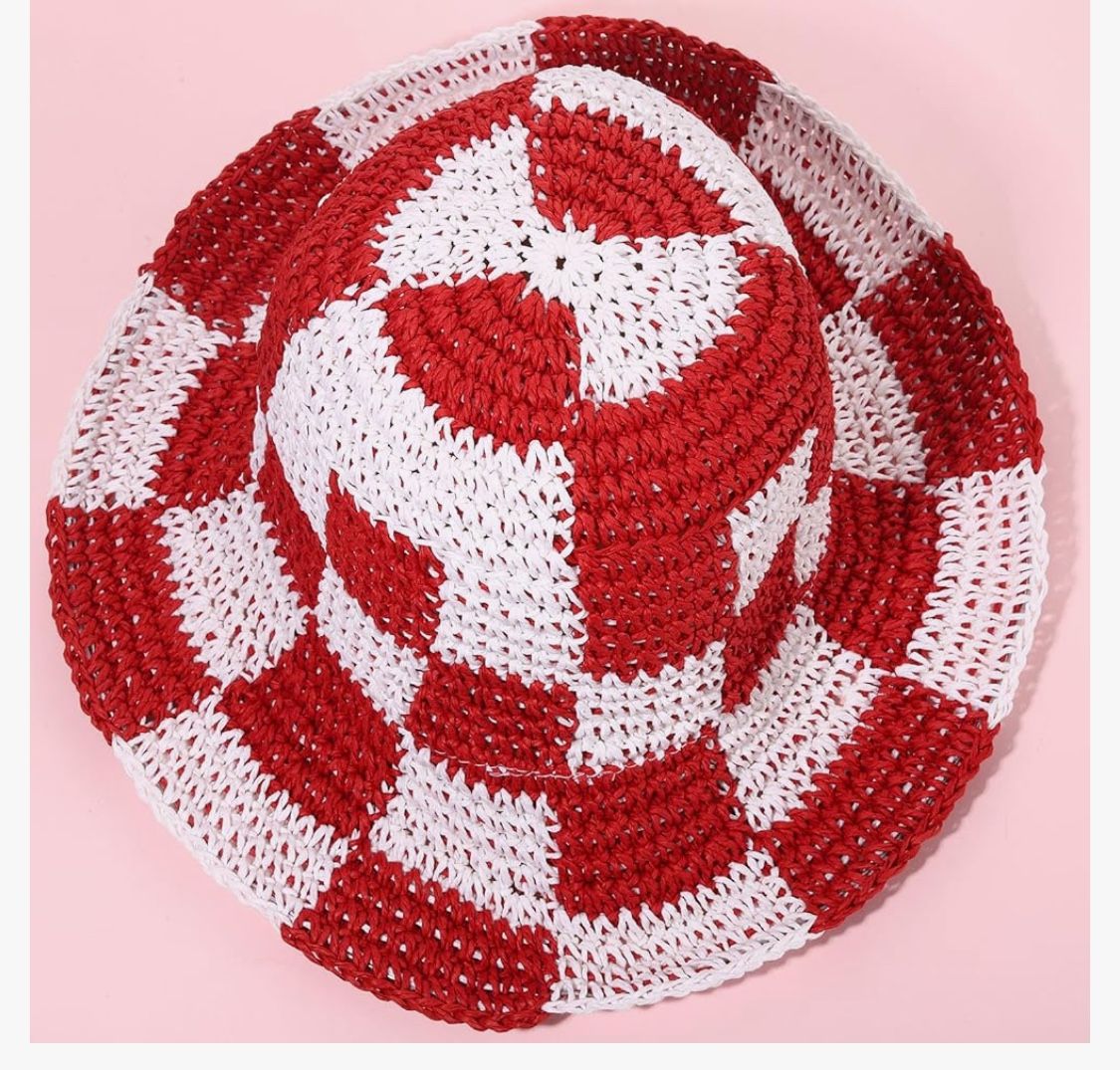 Adjustable Summer Floppy Checkerboard Red And White Hat - photo 3
