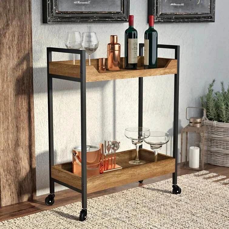 2-Tier Bar Cart – Rolling Serving Cart, Wood & Black Metal