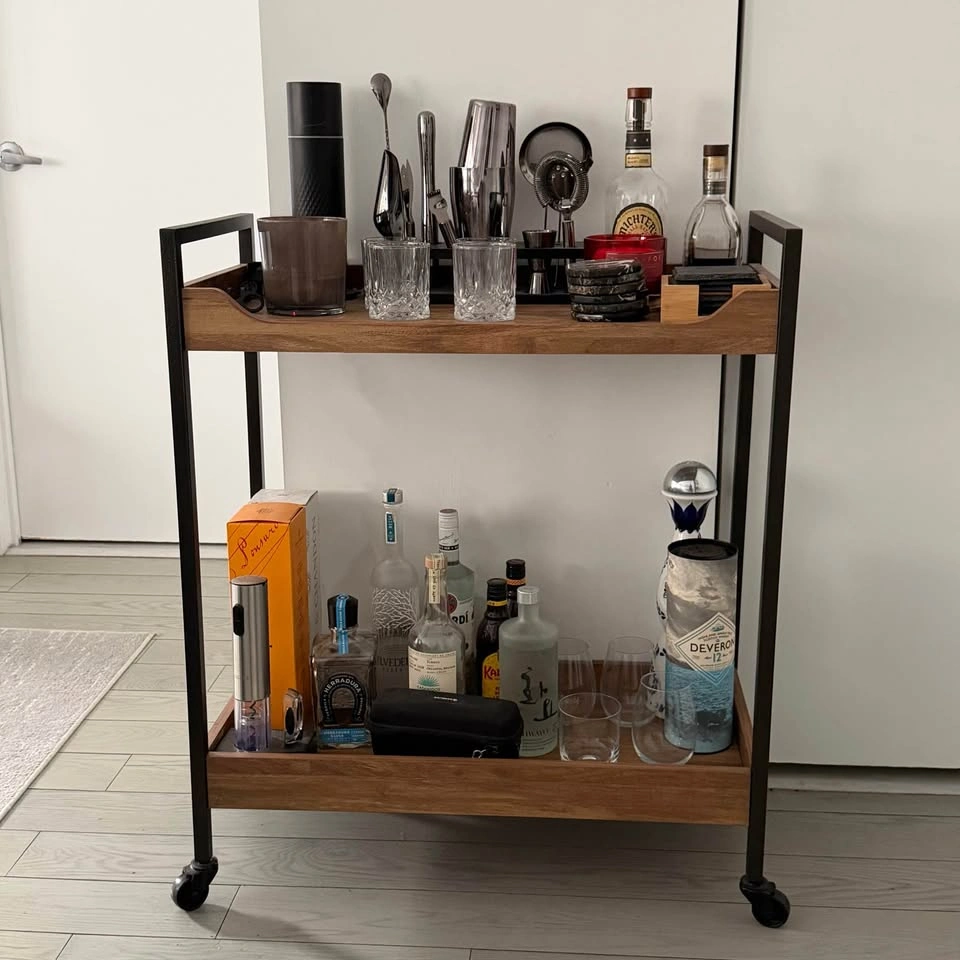 2-Tier Bar Cart – Rolling Serving Cart, Wood & Black Metal - photo 2