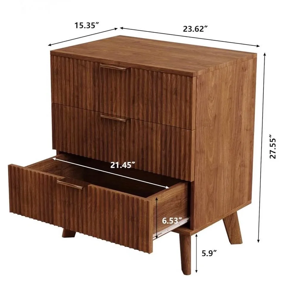 Modern Fluted 3-Drawer Nightstand – Walnut Finish - photo 3