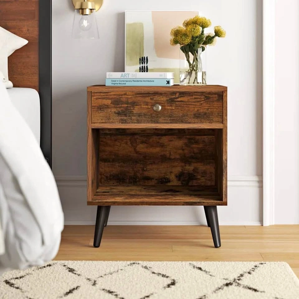 Brown Nightstand – 1 Drawer Bedside Table with Open Shelf