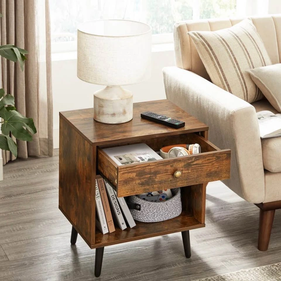Brown Nightstand – 1 Drawer Bedside Table with Open Shelf - photo 2