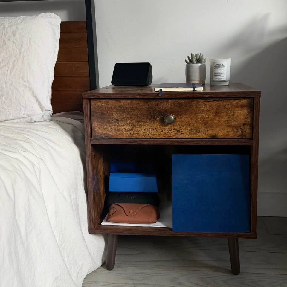 Brown Nightstand – 1 Drawer Bedside Table with Open Shelf - photo 3