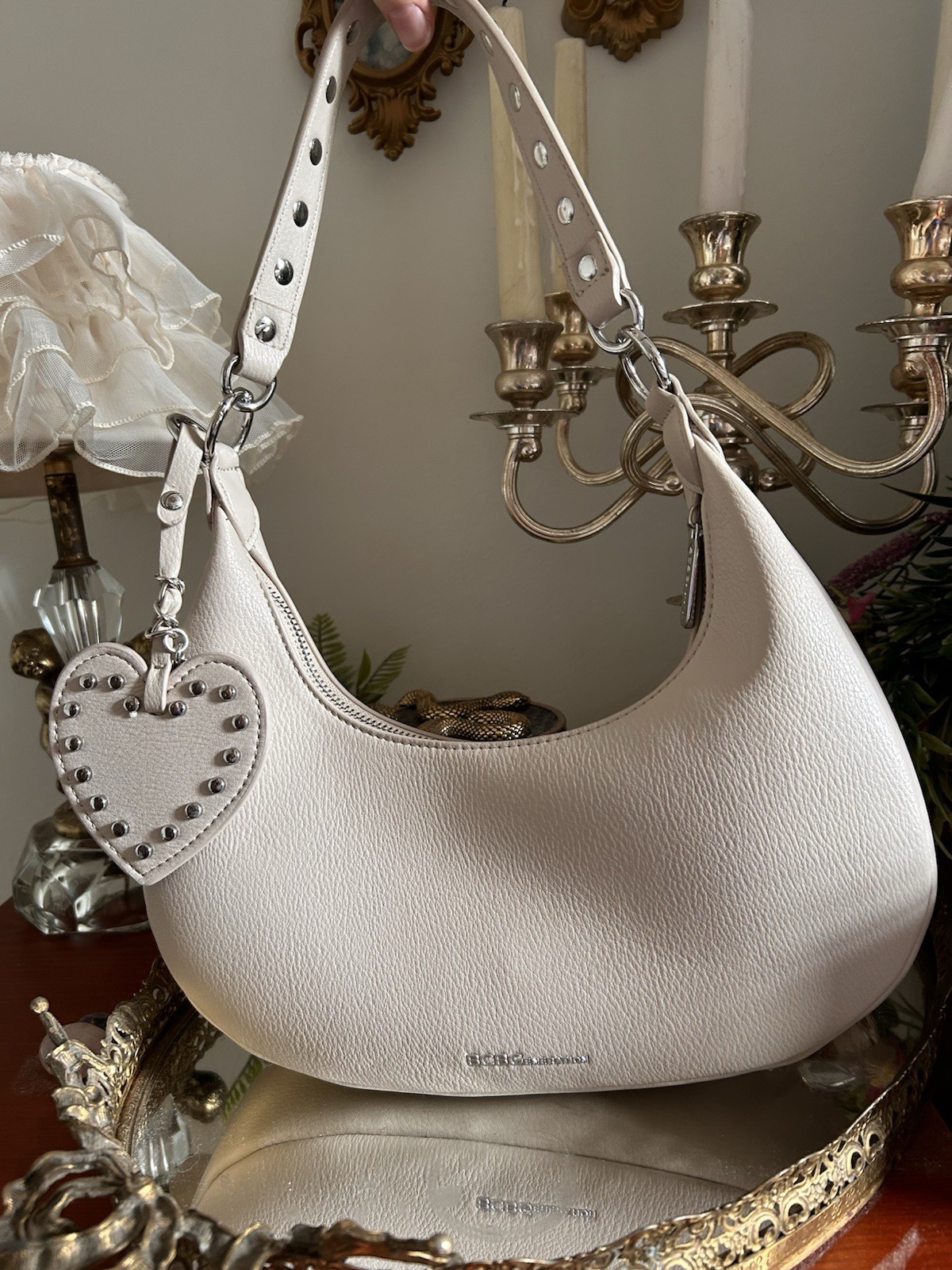 Steve Madden Ivory Pebbled Crescent Shoulder Bag Studded Heart C