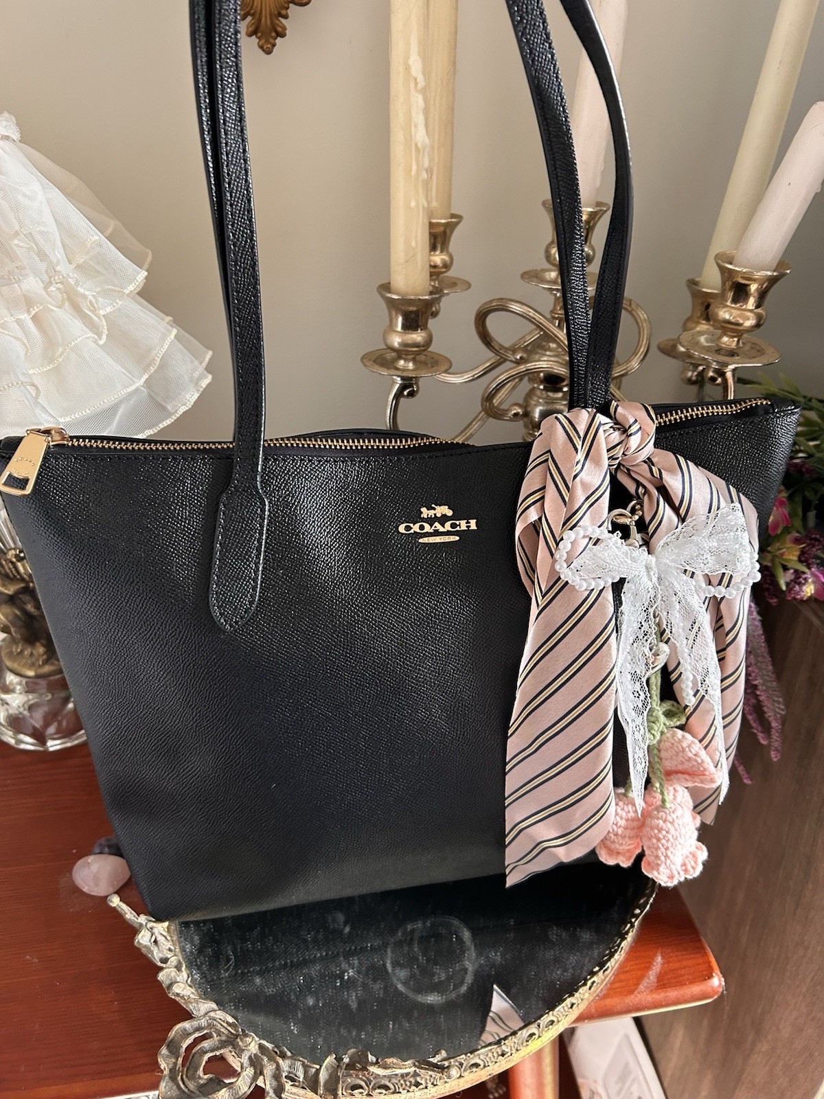 Coach Black Pebbled Tote Bag Gold Hardware Scarf Accent