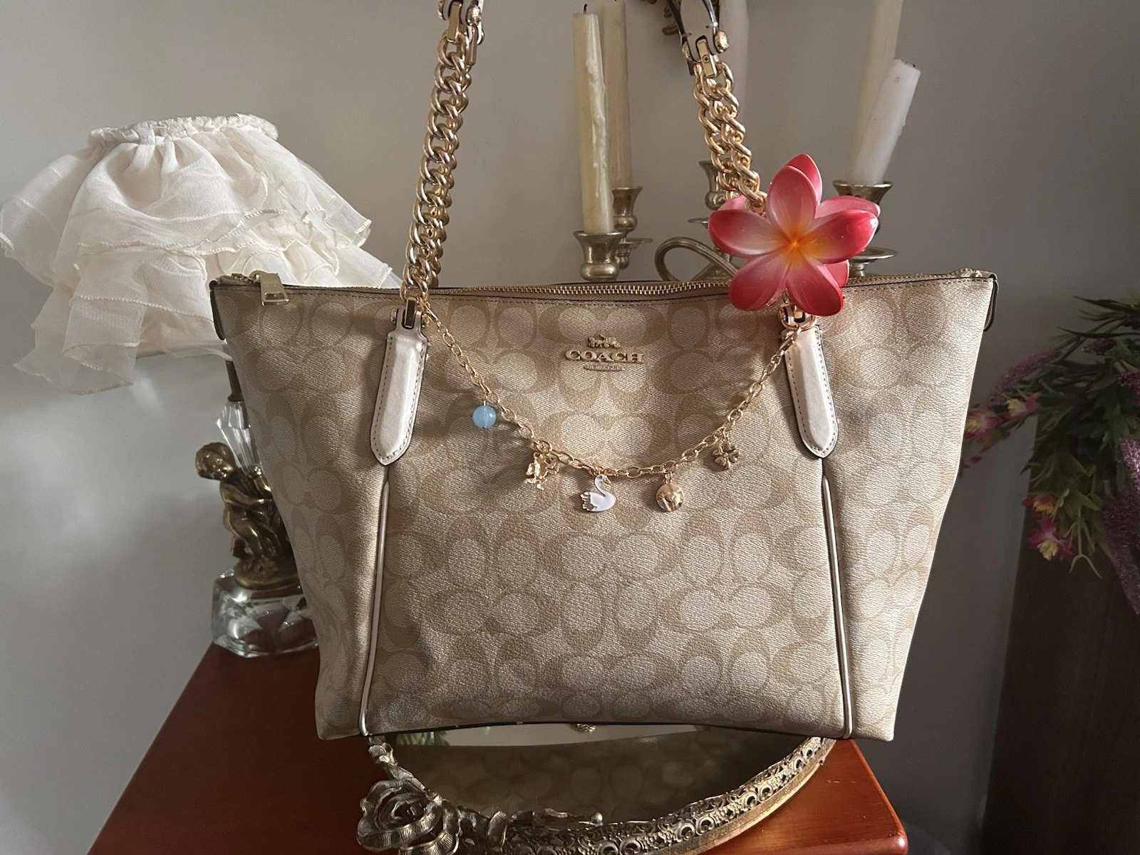 Coach Beige Logo Shoulder Bag Chain Strap Gold Hardware Zip