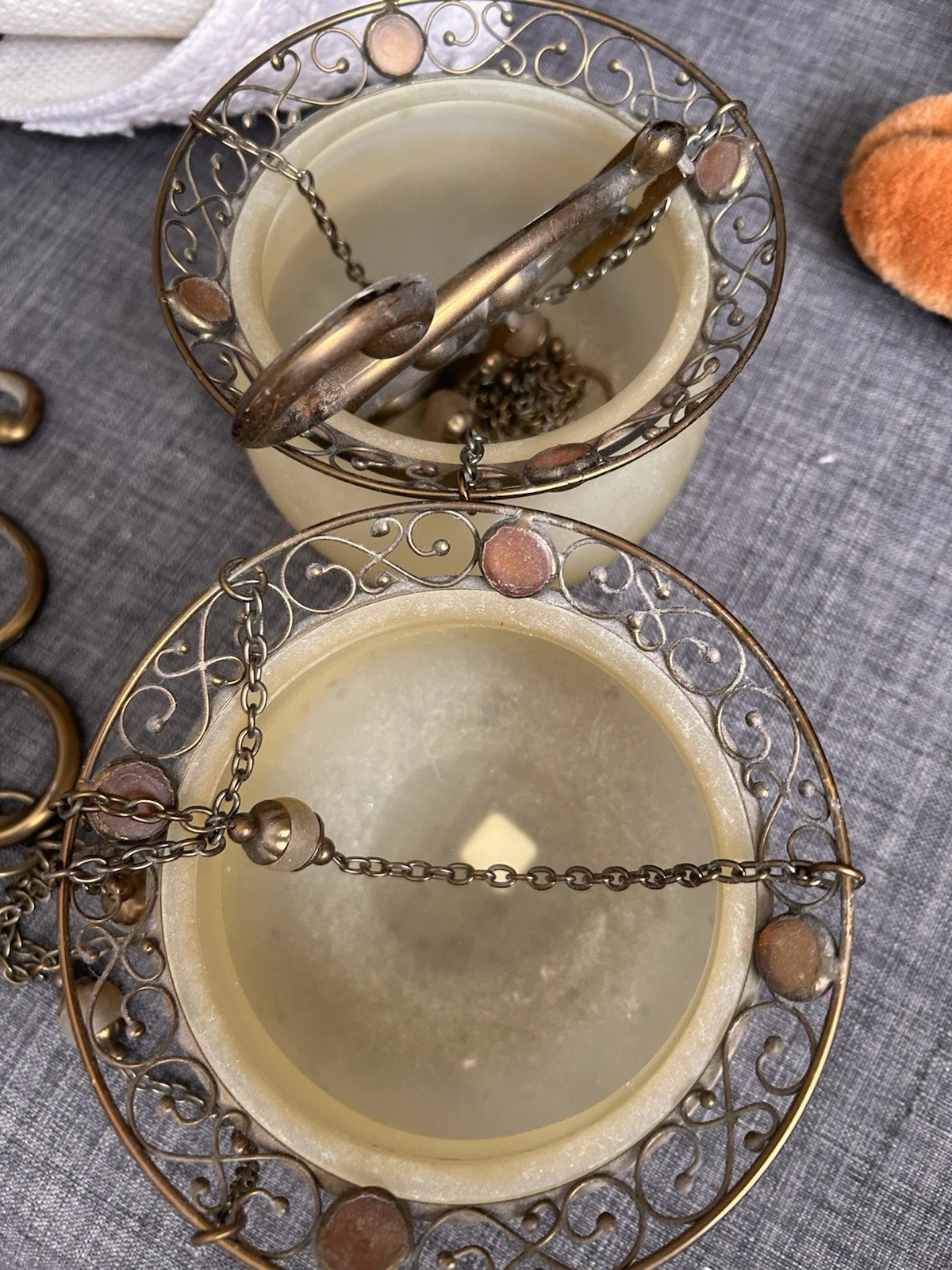 Pair Hanging Metal & Glass Tea Light Candle Holders w/ Chains, V