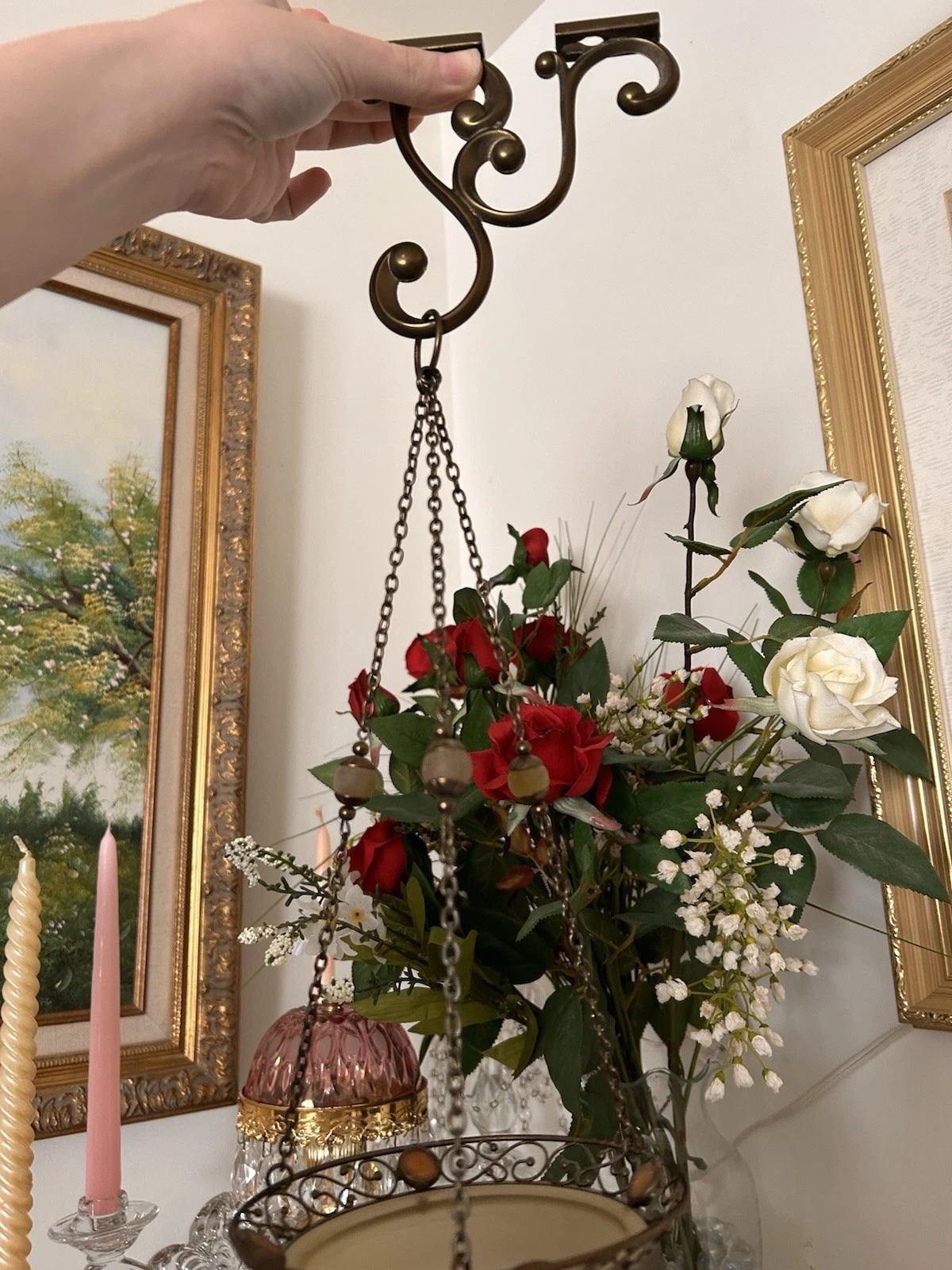 Pair Hanging Metal & Glass Tea Light Candle Holders w/ Chains, V - photo 2