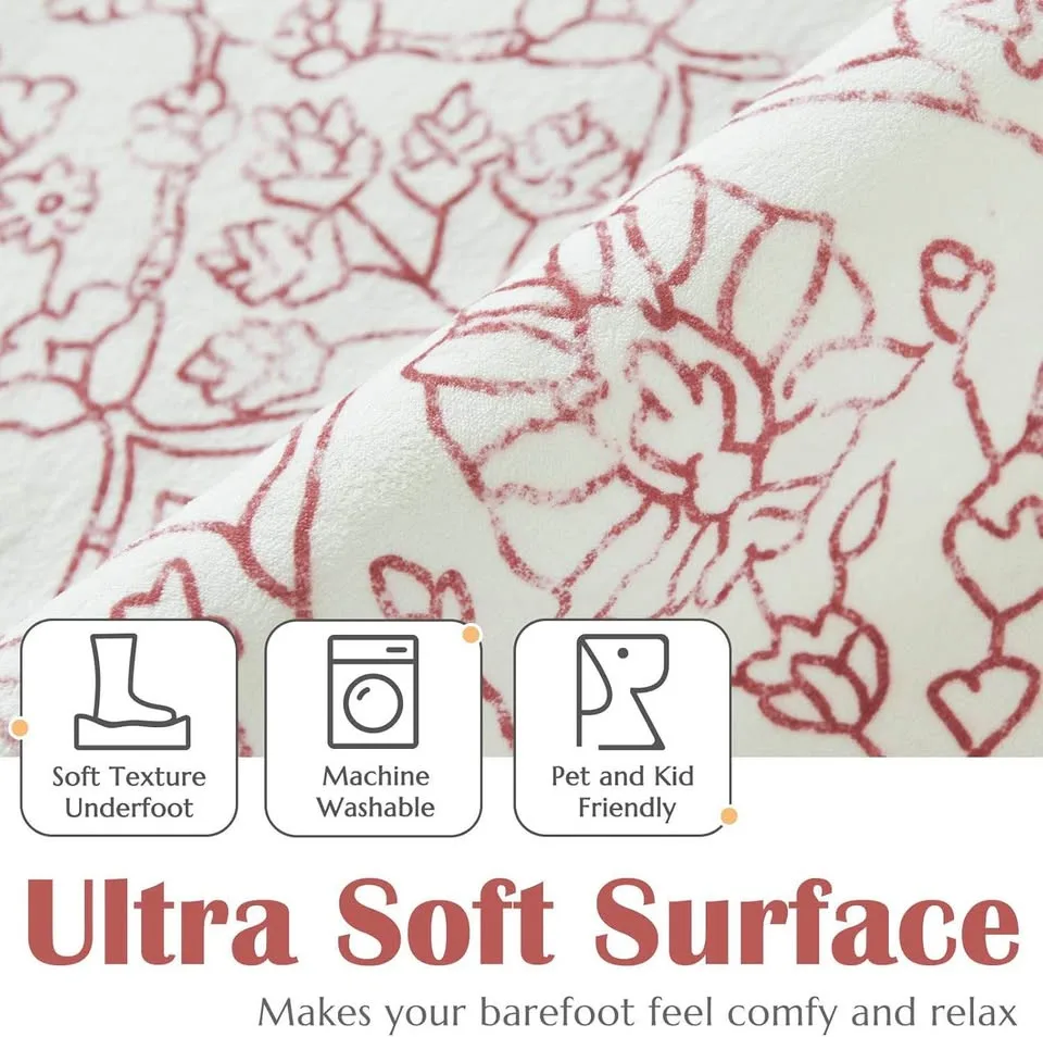 8x10 Boho Floral Rug, Washable & Soft, Red on Cream image indicator(2)
