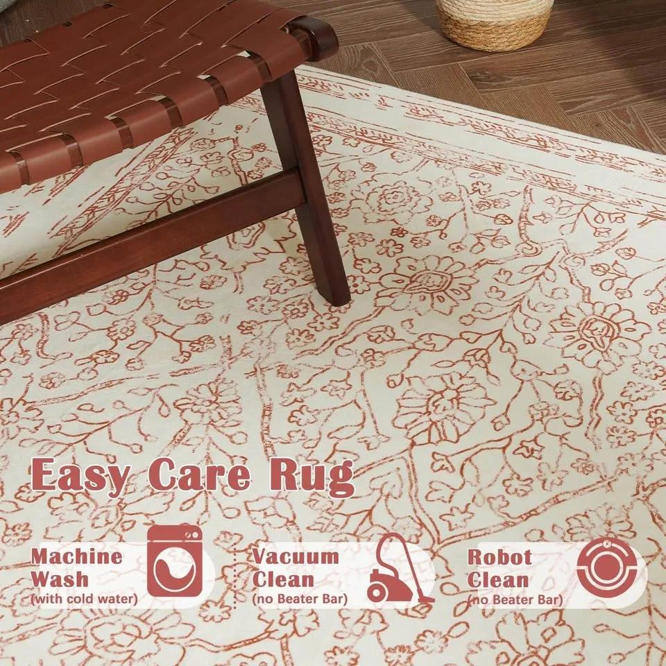 8x10 Boho Floral Rug, Washable & Soft, Red on Cream image indicator(5)