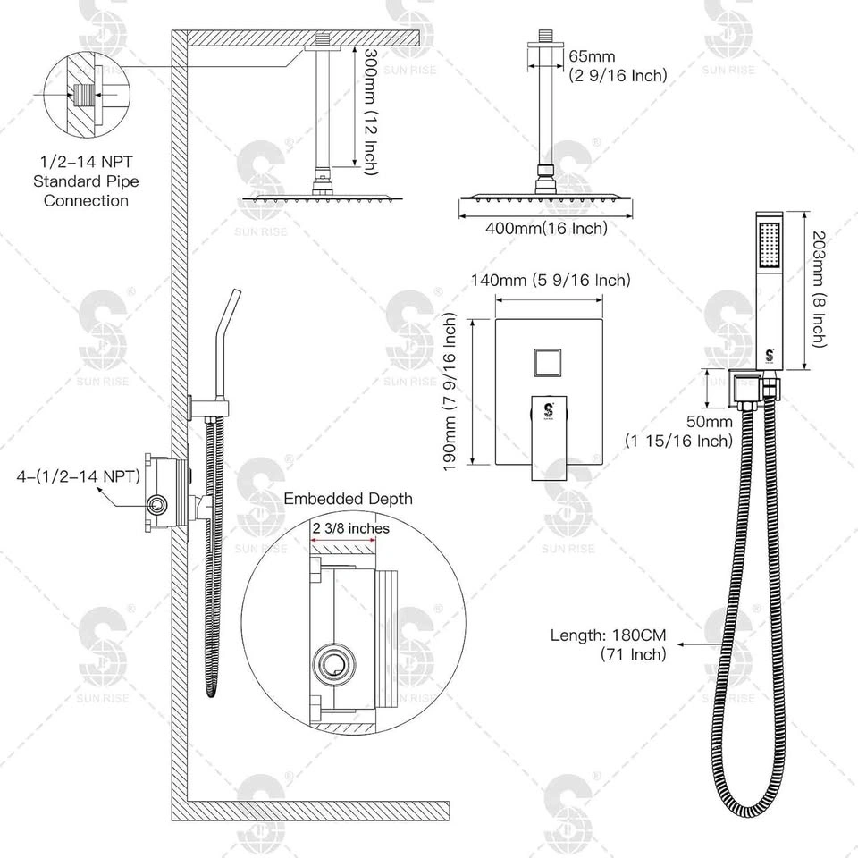 SR SUN RISE 12-Inch Ceiling Mounted Shower System (Chrome) - photo 3