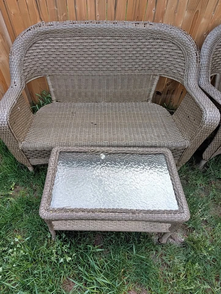 Grey Wicker Patio Set - Table, Loveseat, 2 Chairs