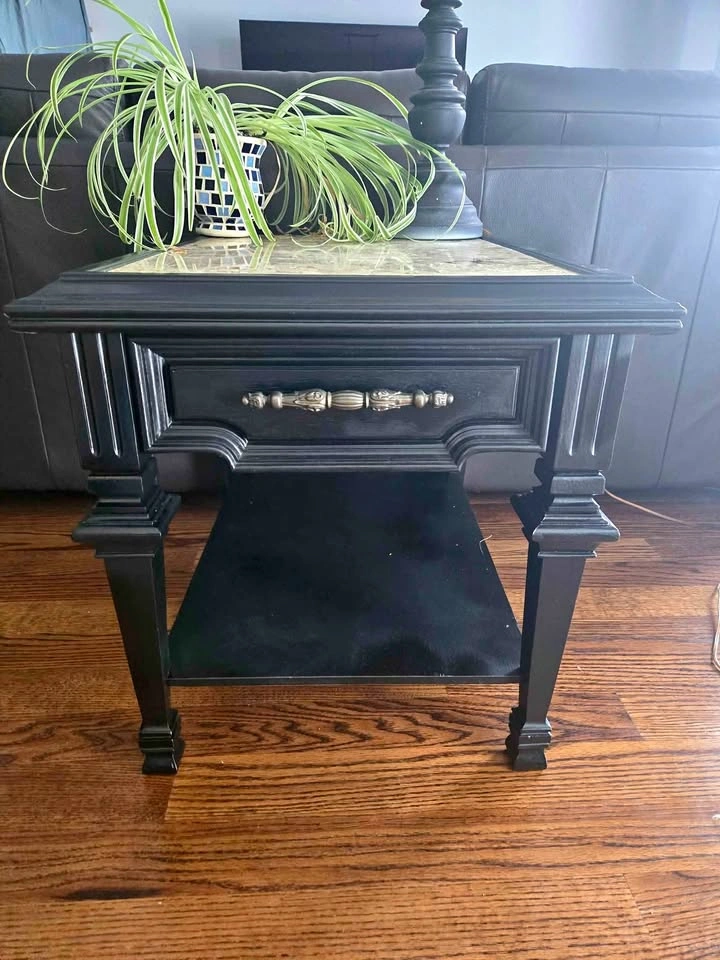 Marble Top Black Wood End Table w/ Drawer & Storage 21" x 27" x