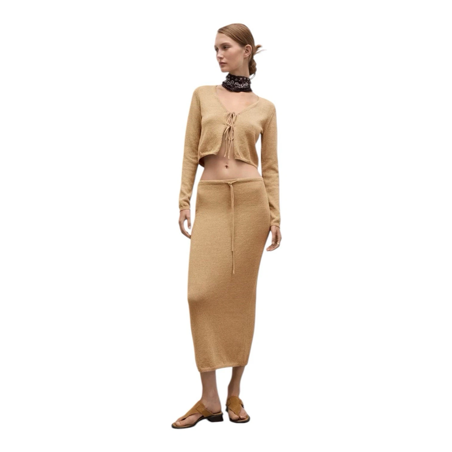 MANGO Tan Knit Set - Top & Midi Skirt - Size Small