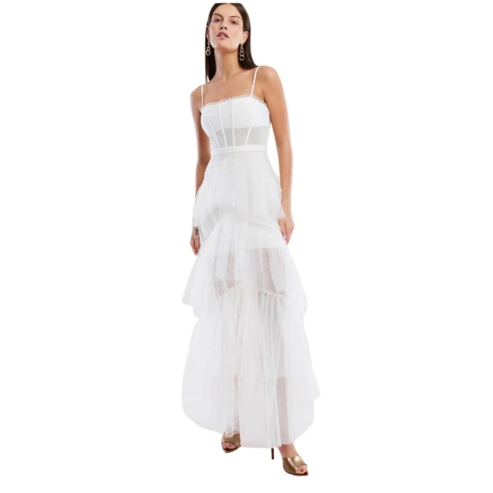 BCBGMAXAZRIA Oly Tiered Ruffle Tulle Bridal Gown Gardenia White