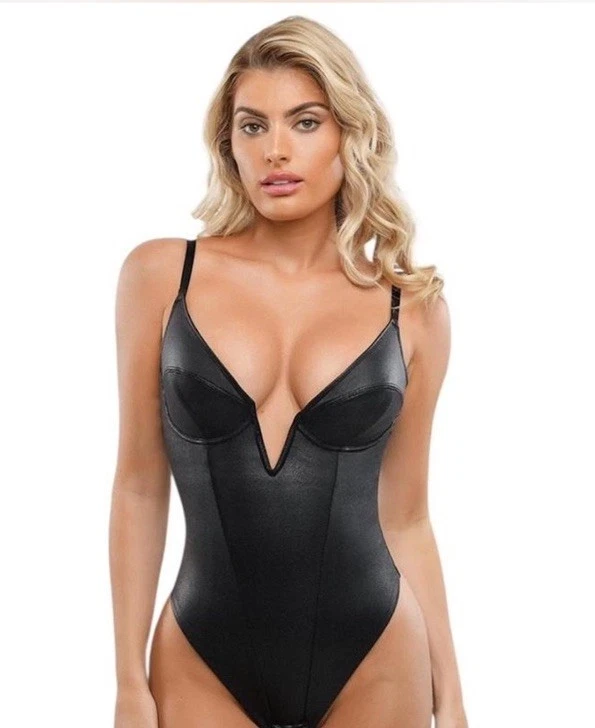 Popilush Shapewear Faux Leather Plunging V Sculpting Bodysuit -