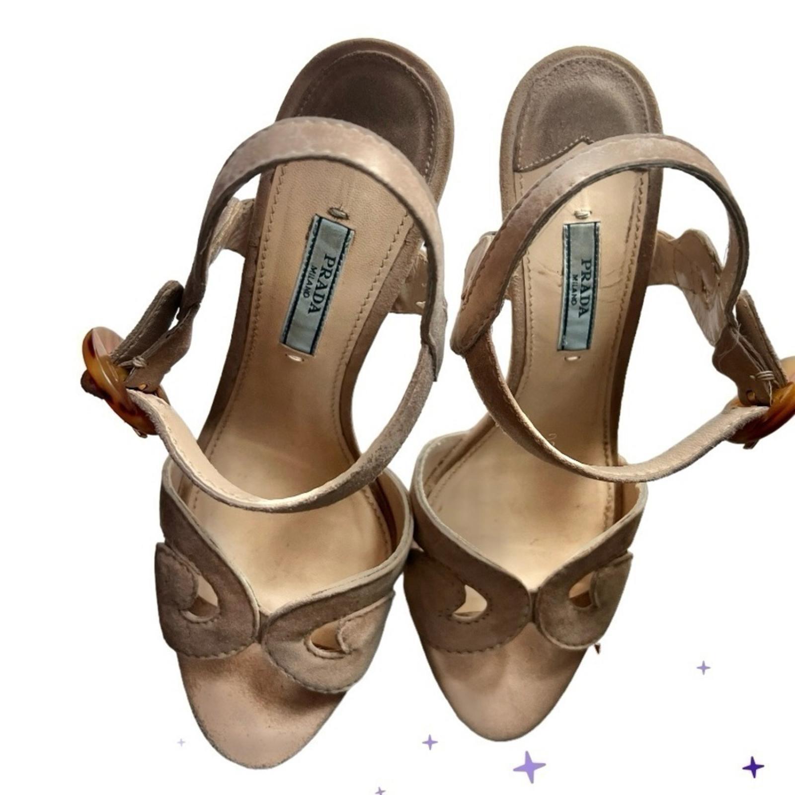 Prada Vintage Suede Tan Platform Heels with Tortoise Buckle Size - photo 5
