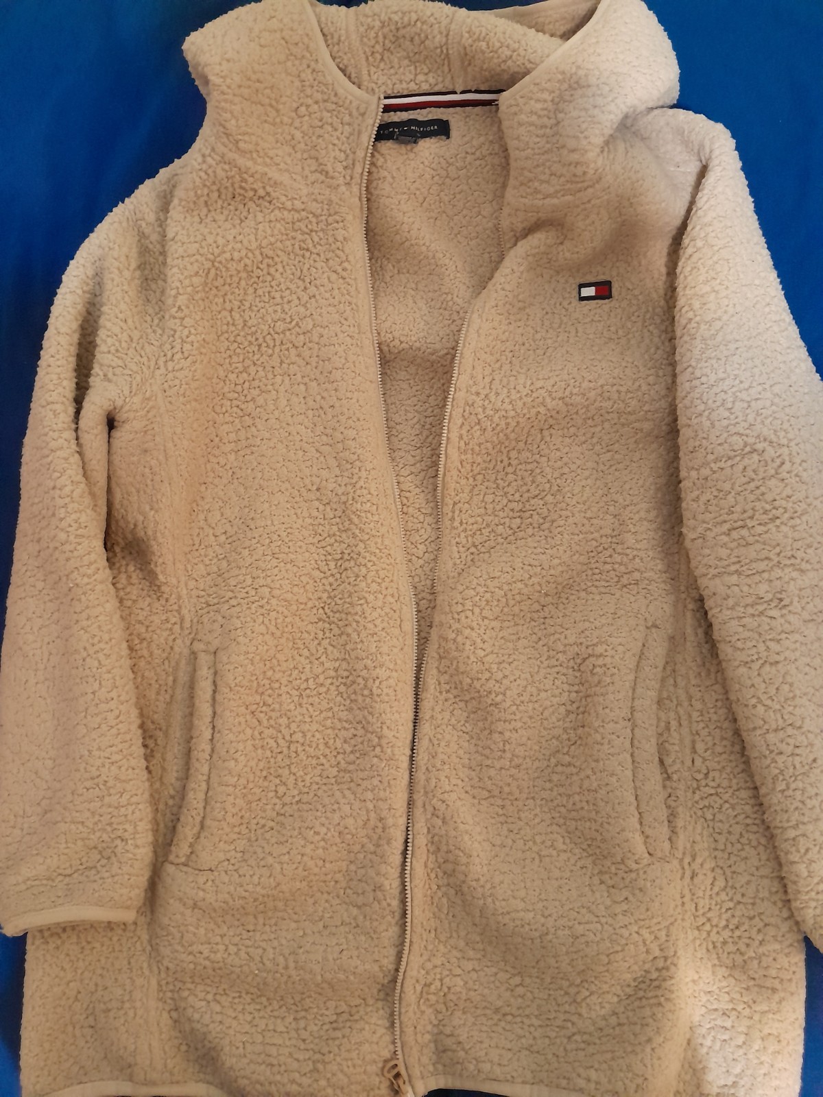 Tommy Hilfiger Women's Large Sherpa Fleece Hoodie Beige Zip Up J