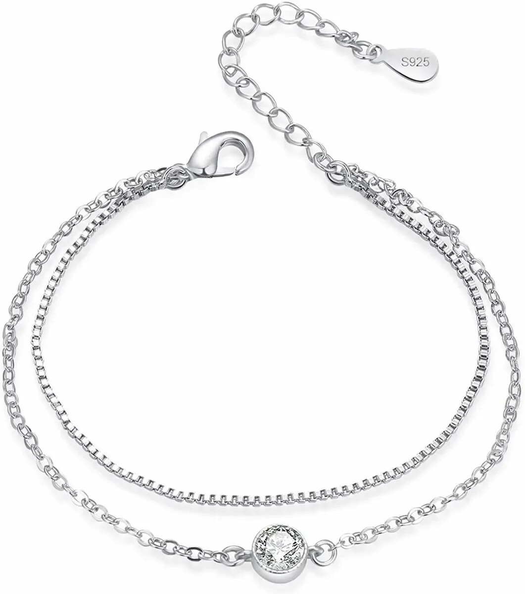 925 Sterling Silver Bracelet Double Chain White Gold Plate Cubic