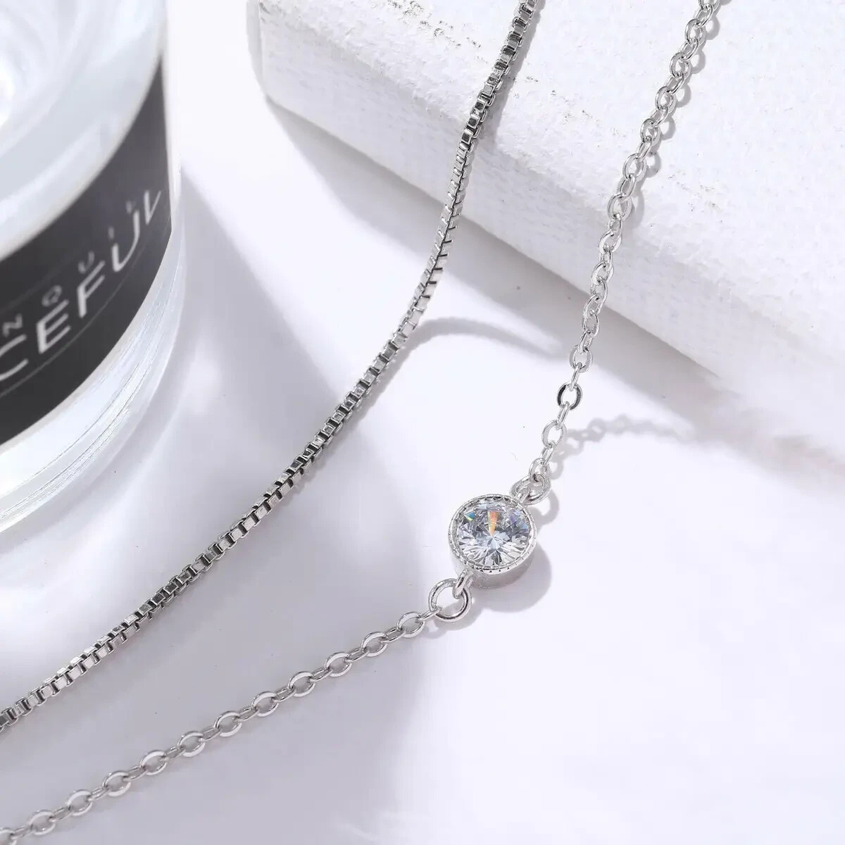 925 Sterling Silver Bracelet Double Chain White Gold Plate Cubic - photo 4