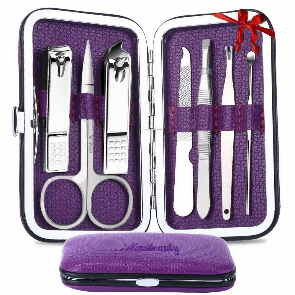 Professional 7 in 1 Manicure Pedicure Kit w/ Purple Leather Case