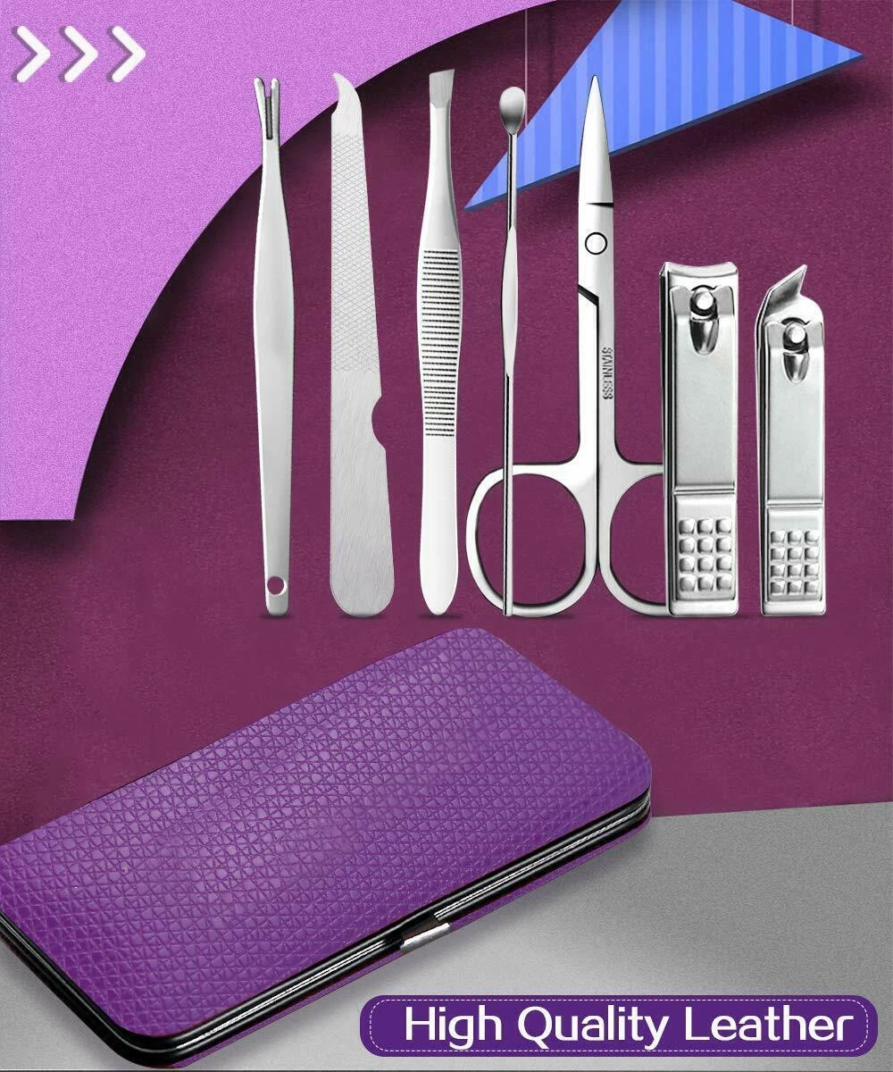 Professional 7 in 1 Manicure Pedicure Kit w/ Purple Leather Case - photo 3