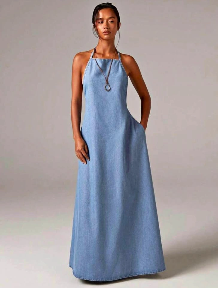 JJXX Backless Jean Maxi Dress (Size M)