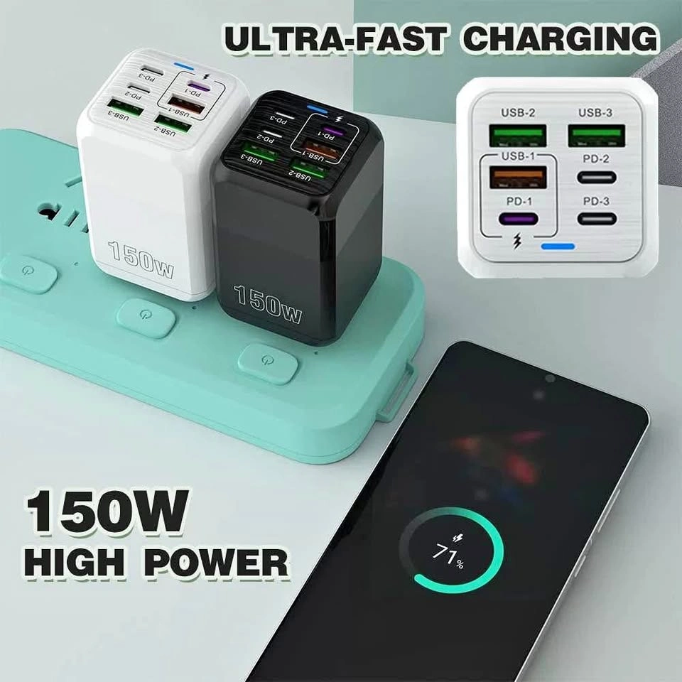 Brand New 150W Super Fast Charger - 3 USB, 3 Type-C Ports
