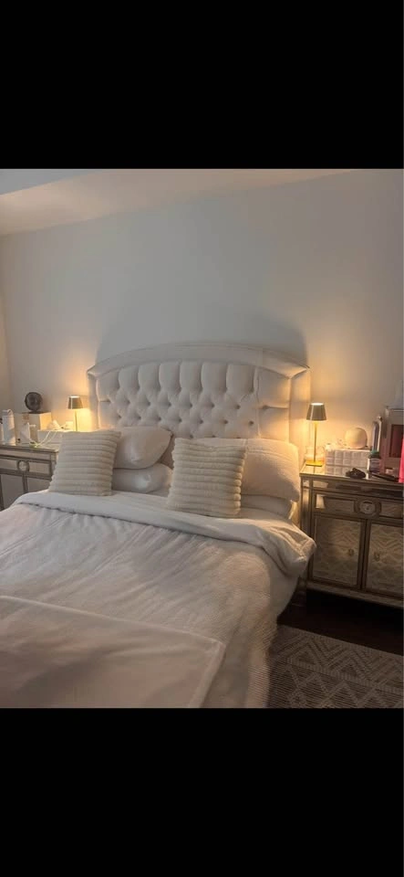 Queen Cream Suede Upholstered Bed Frame w Tufted Headboard - photo 2