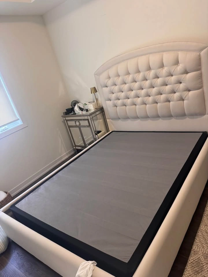 Queen Cream Suede Upholstered Bed Frame w Tufted Headboard - photo 3