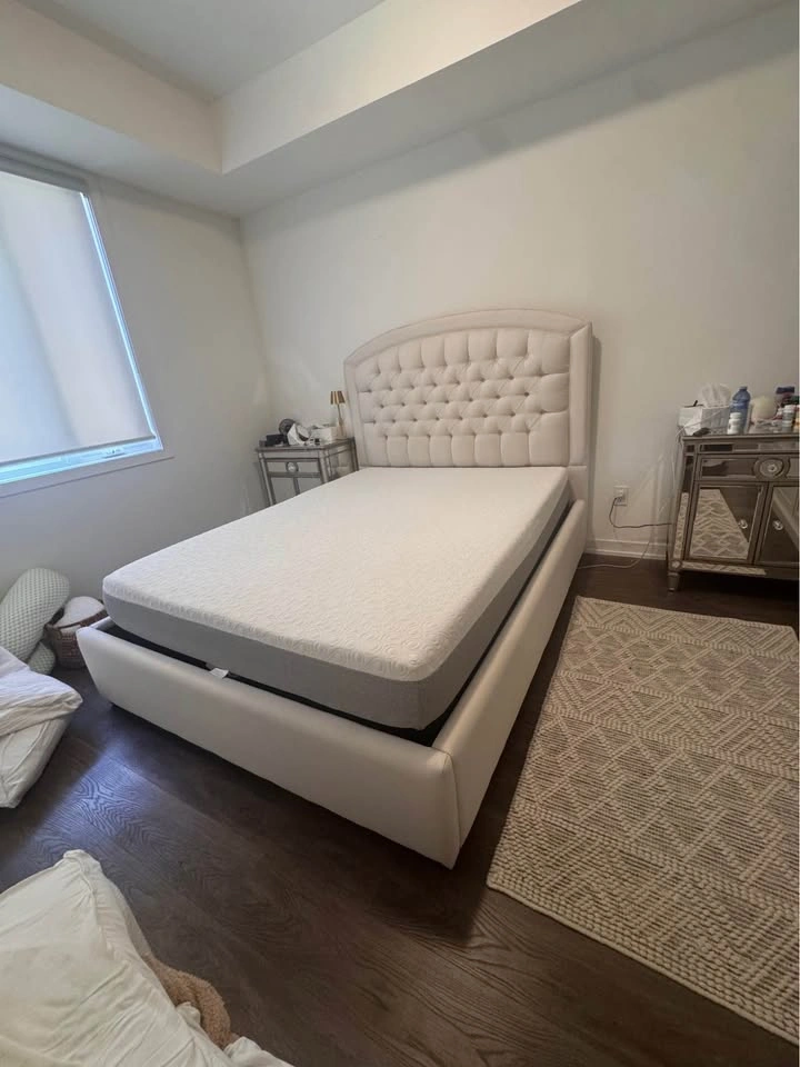 Queen Cream Suede Upholstered Bed Frame w Tufted Headboard - photo 4