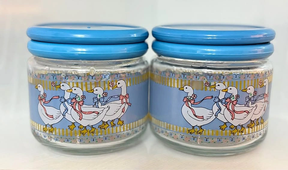 Vintage Goose Glass Canister Set - Pair - Blue Lids