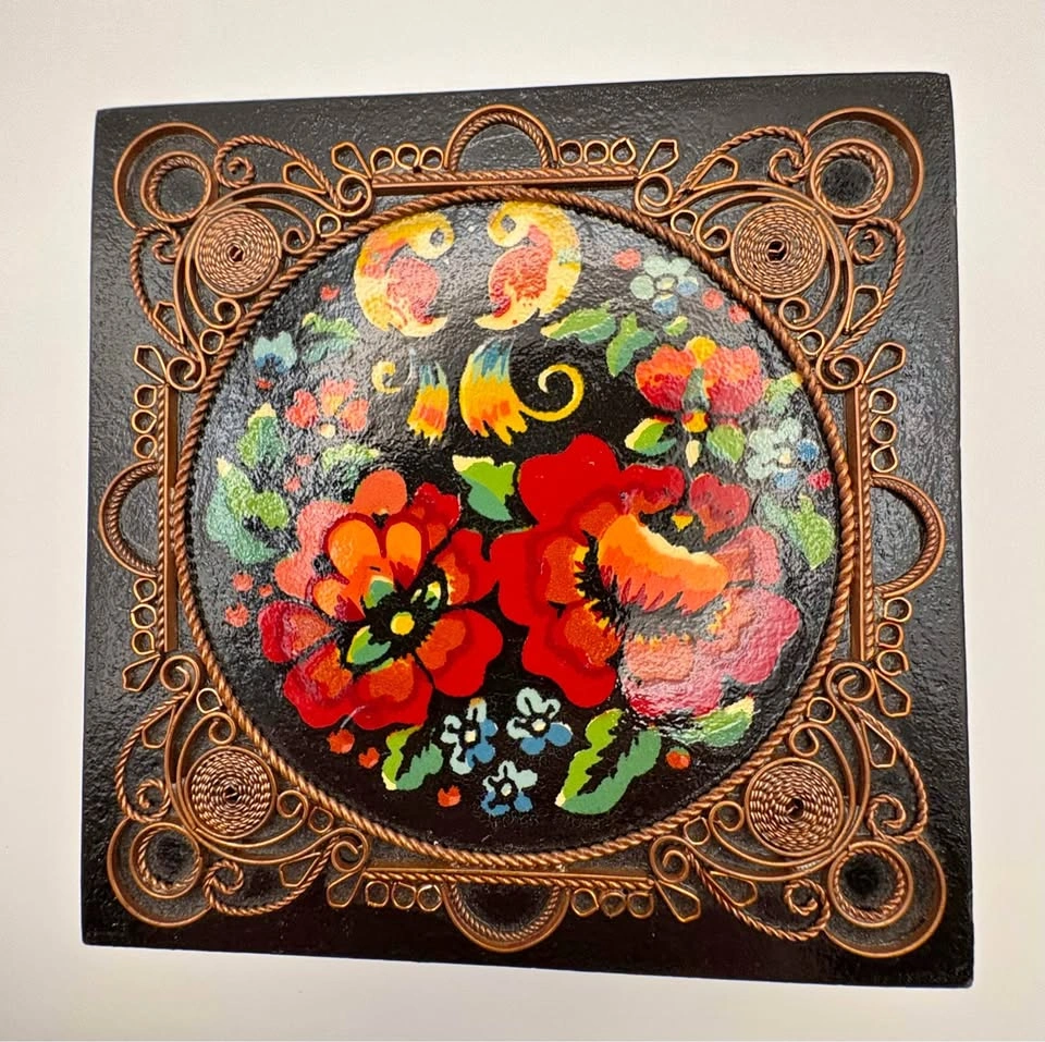 Vintage Ukrainian Wooden Jewelry Box - Hand Painted Floral Folk