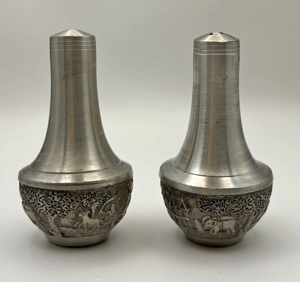 Vintage Metal Salt & Pepper Shaker Set – Embossed Scenic Design