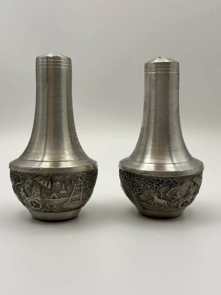 Vintage Metal Salt & Pepper Shaker Set – Embossed Scenic Design - photo 2