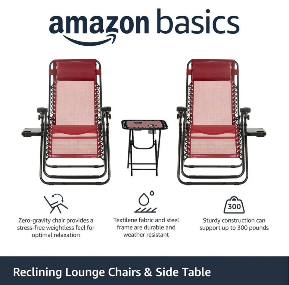 Amazon Basics Zero Gravity Chair with Side Table, Set of 4, Red - photo 3