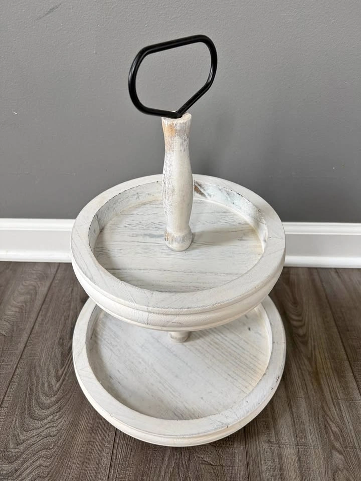 Vintage wood look 2 tier tray with metal handle