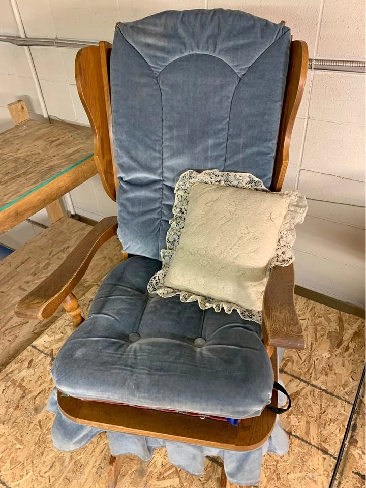 Vintage Wood Rocking Chair with Blue Cushion