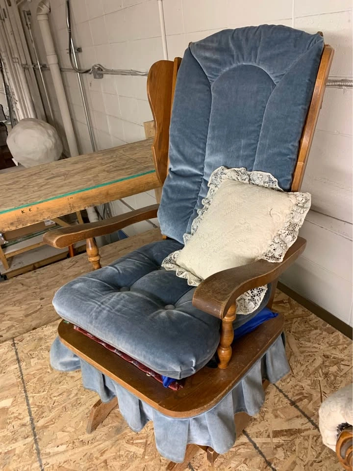 Vintage Wood Rocking Chair with Blue Cushion - photo 2