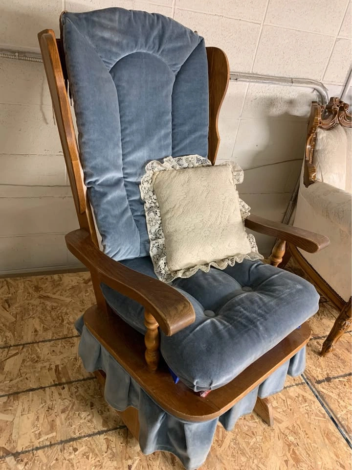 Vintage Wood Rocking Chair with Blue Cushion - photo 3