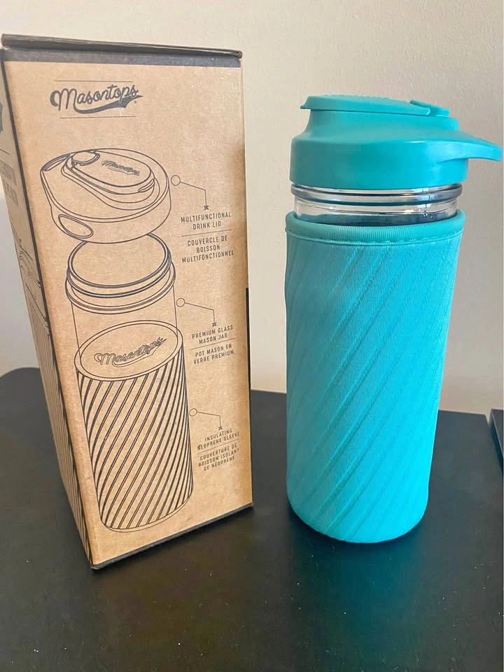 MASONTOPS Glass Water Bottle w/ Turquoise Neoprene Sleeve