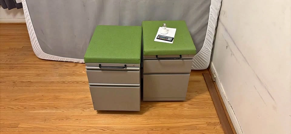 Pair of Steelcase Mobile File Cabinets with Green Seat Cushions